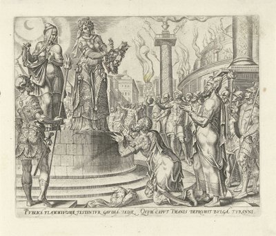 Judit toont het hoofd van Holofernes aan het volk door Philips Galle