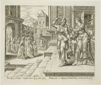 Judith bereidt zich voor op haar vertrek naar het kamp van de vijanden, plaat vier uit Het verhaal van Judith en Holofernes door Philips Galle