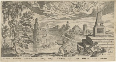 Landschap met Elisa, die de mantel van Elia ontvangt door Philips Galle