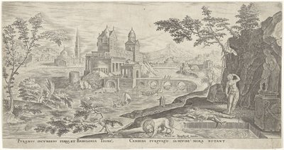 Landschap met de zelfmoord van Thisbe door Philips Galle