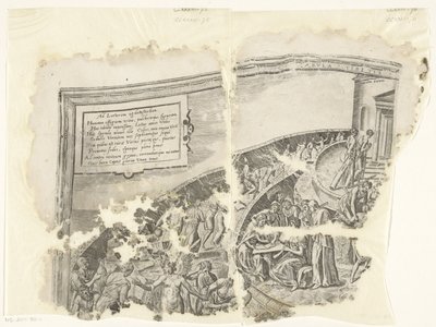 Linkerbovenhoek van een prent van het tafereel van Cebes door Philips Galle