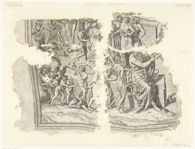 Linkeronderhoek van een prent van het tafereel van Cebes door Philips Galle