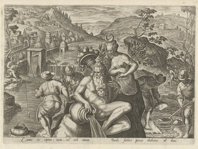 Nachtelijk vissen met een hengel door Philips Galle