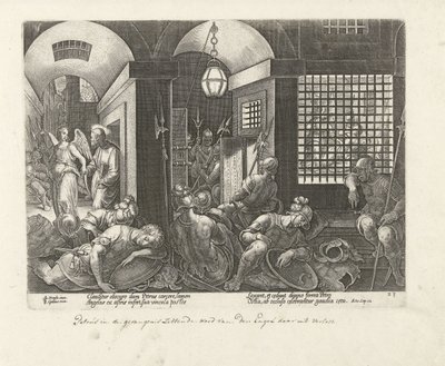 Petrus wordt door de engel uit de gevangenis bevrijd door Philips Galle