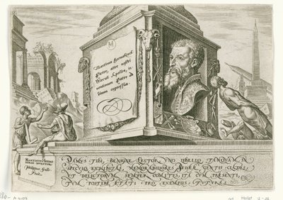 Portret van Maarten van Heemskerck op de sokkel van een zuil door Philips Galle