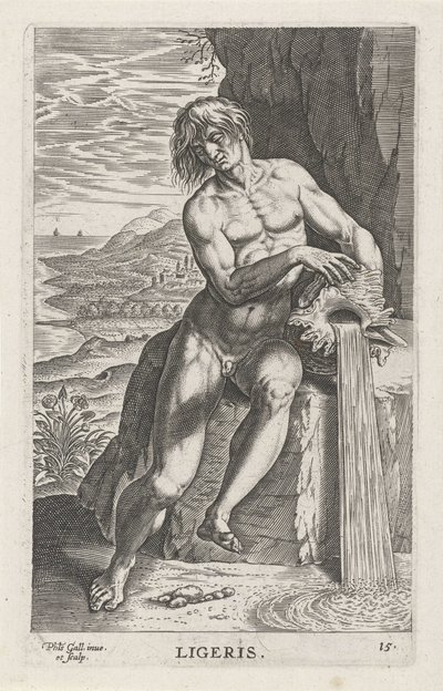 Riviergod Ligeris Ligeris Rivier- en zeegoden Semideorum Marinorum amnicorumque sigillariae imagines perelegantes (serie) door Philips Galle
