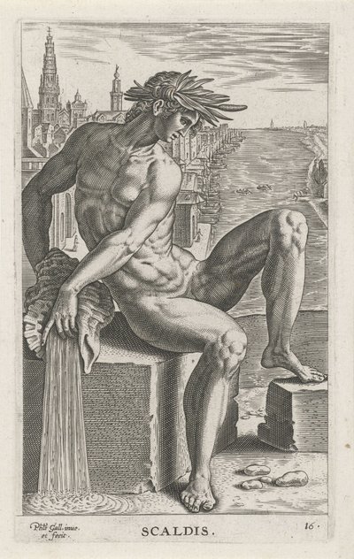 Riviergod Scaldis Rivier- en zeegoden (serie titel) Semideorum Marinorum amnicorumque sigillariae imagines perelegantes (serie titel) door Philips Galle