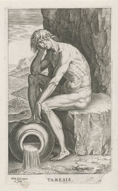 Riviergod Tamesis Rivier- en zeegoden (serie) Semideorum Marinorum amnicorumque sigillariae imagines perelegantes (serie) door Philips Galle