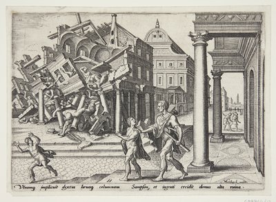Simson vrijgelaten uit de gevangenis en het vernietigen van de tempel van de Filistijnen door Philips Galle