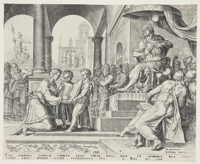 Saphan leest het Wetboek voor aan Josia door Philips Galle