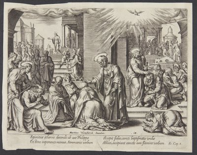 St. Petrus, St. Johannes en St. Philippus leggen hun handen op de gedoopten in Samaria door Philips Galle