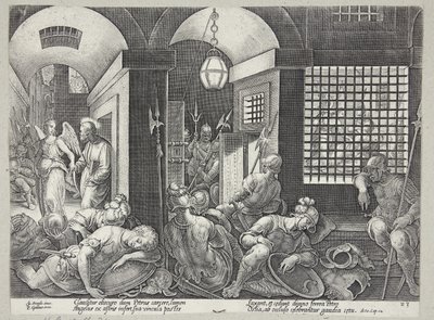 Sint-Pieter bevrijd uit de gevangenis door de engel door Philips Galle