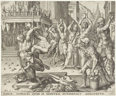 Steniging van de ouderlingen Verhaal van Susanna (series title) door Philips Galle
