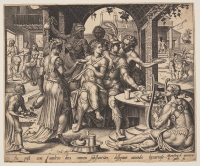De verloren zoon verkwist zijn erfenis aan hoeren, uit De parabel van de verloren zoon door Philips Galle