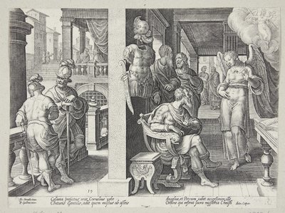 De engel stuurt Cornelius naar St. Peter door Philips Galle