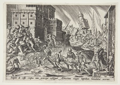 Het lijk van de koning van Ai naar de poort van de stad gebracht door Philips Galle