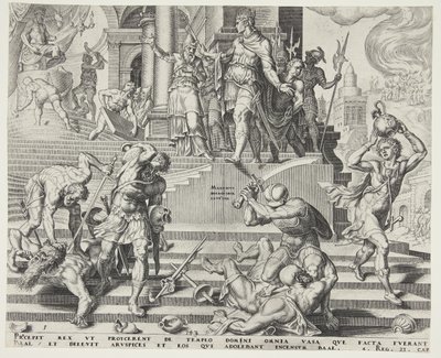 De vernietiging van de tempel van Baäl en de slachting van zijn priesters door Philips Galle