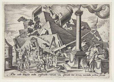 De vernietiging van de Toren van Babel en de verspreiding van de volkeren door Philips Galle