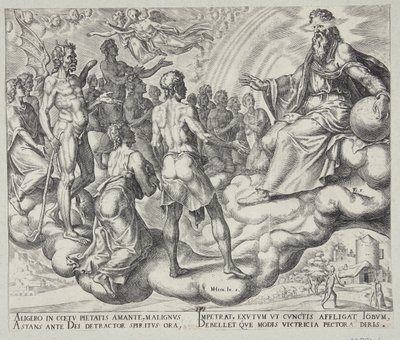 De zonen van God, Satan onder hen, presenteren zich voor de Heer door Philips Galle