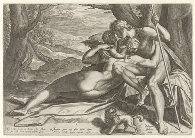 Venus en Adonis met Amor door Philips Galle