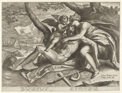 Venus treurt over de dood van Adonis door Philips Galle
