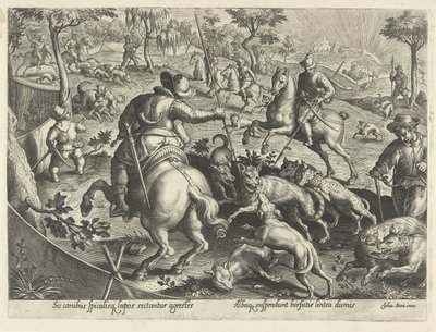 Wolvenjacht met speren door Philips Galle