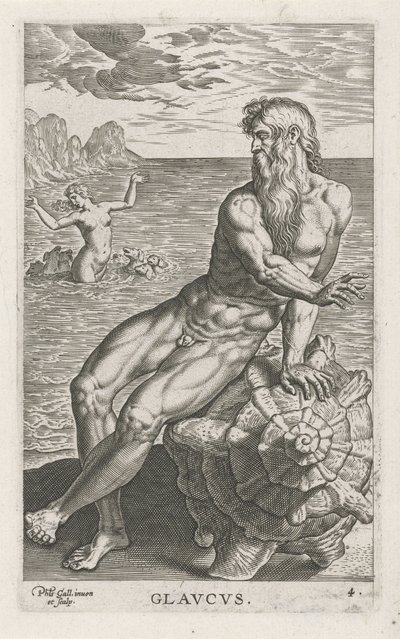 Zeegod Glaucus Rivier- en zeegoden (serie) Semideorum Marinorum amnicorumque sigillariae imagines perelegantes (serie) door Philips Galle