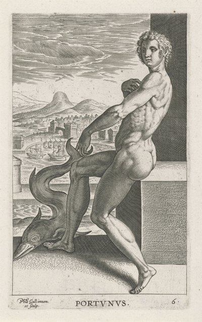 Zeegod Portunus (serie titel: Rivier- en zeegoden) door Philips Galle