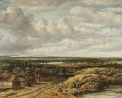 Verre uitzicht met huisjes langs een weg door Philips Koninck
