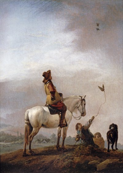 Heer te paard kijkt naar een valkenier door Philips Wouwerman