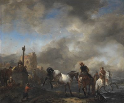 Paardenpoel bij een grenssteen door Philips Wouwerman