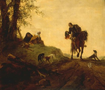 Landschap met een ruiter, die twee aan de weg zittende... door Philips Wouwerman