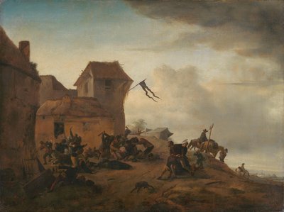 Boeren vechten bij een dorp door Philips Wouwerman