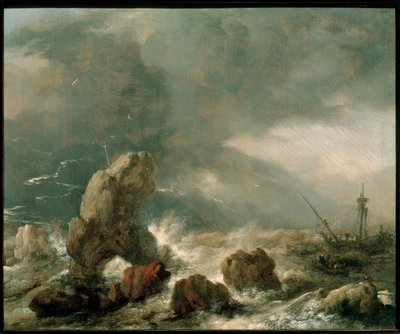 Stormachtige zee met drie schepen in nood door Philips Wouwerman