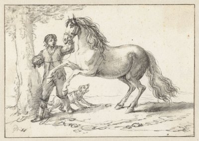 Jonge man houdt een steigerd paard bij de teugel, geschrokken door een blaffende hond door Philips Wouwerman