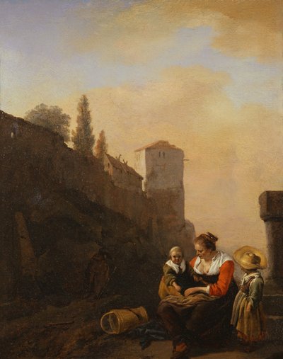 Een boer en twee kinderen rusten voor een toren in Italië door Philips Wouwermans or Wouvermans