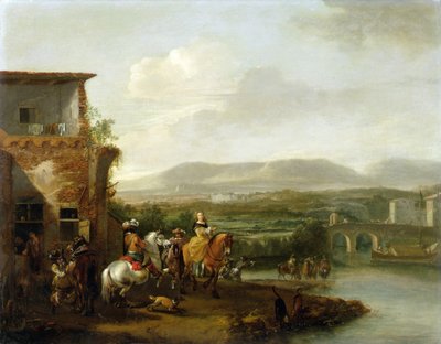 Een elegant rijgezelschap buiten een boerderij bij een rivier door Philips Wouwermans or Wouvermans