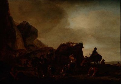 Reizigers en bedelaars bij een vervallen hut door Philips Wouwermans or Wouwerman
