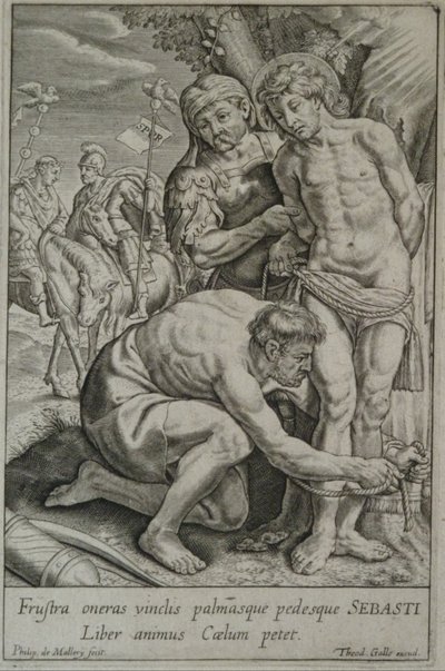 Sint Sebastiaan wordt door twee soldaten aan een boom vastgebonden door Philips van Mallery