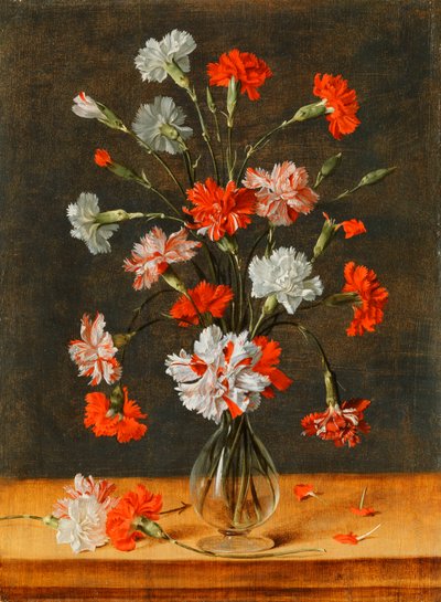 Anjers in een glazen vaas op een stenen tafel, 1639 door Phillipe de Marlier