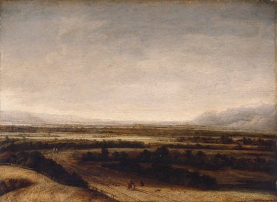 Vlak landschap met uitzicht op verre heuvels door Phillips de Koninck