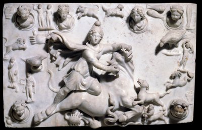 Oosterse oudheden: Mithra die de stier doodt (komt uit het Mithraeum van Sidon). Laag reliëf marmer uit Sayda, 2e-3e eeuw (Grieks-Romeinse periode, Fenicisch Koninkrijk). Parijs, Louvre Museum door Phoenician Phoenician