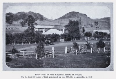 Huis gebouwd door John Kingsmill Abbott, in Wingen, op de eerste 330 acres land gekocht door de Abbotts in Australië in 1843 door Photographer Australian