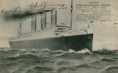 De Duitse lijnboot, Vaterland. Ansichtkaart verzonden in 1913. door Photographer German
