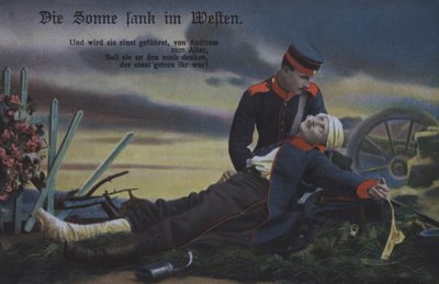 De zon ging onder in het westen: een Duitse soldaat troost zijn stervende kameraad op het slagveld door Photographer German