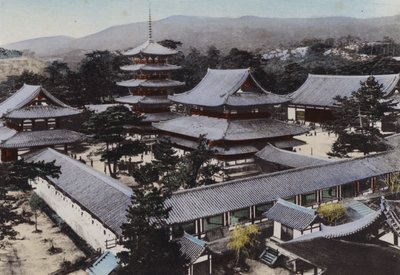 Japan, ca. 1912: Horyu-ji, de oudste boeddhistische tempel in Japan, gebouwd ongeveer 1300 jaar geleden, Yamato door Photographer Japanese
