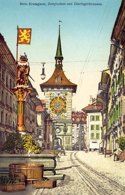 De Zytglogge klokkentoren en de Zahringerbrunnen fontein, Kramgasse, Bern Zwitserland (kleurenfoto) door Photographer Swiss
