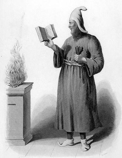 Hogepriester van de Guebres. (Vuur-aanbidders), gegraveerd door Le Conte, uit 