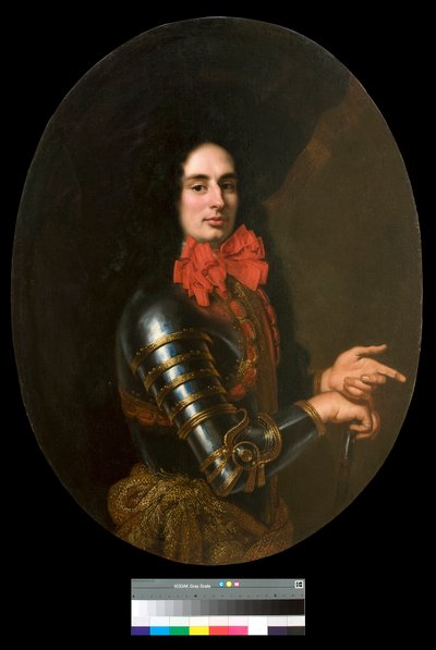 Portret van een heer met harnas en rode sjaal door Pier Francesco Cittadini