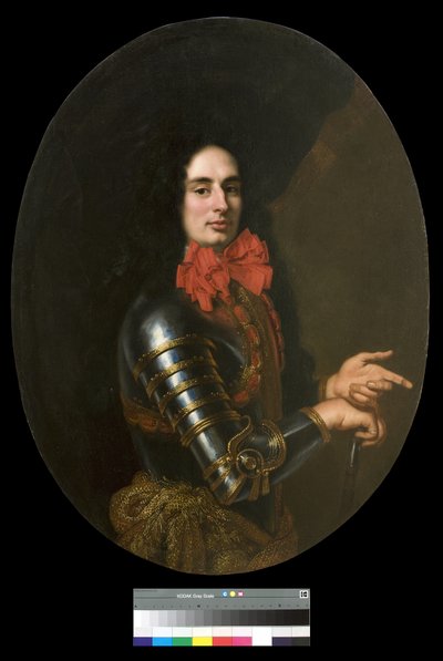 Portret van een heer met harnas en een rode sjaal door Pier Francesco Cittadini